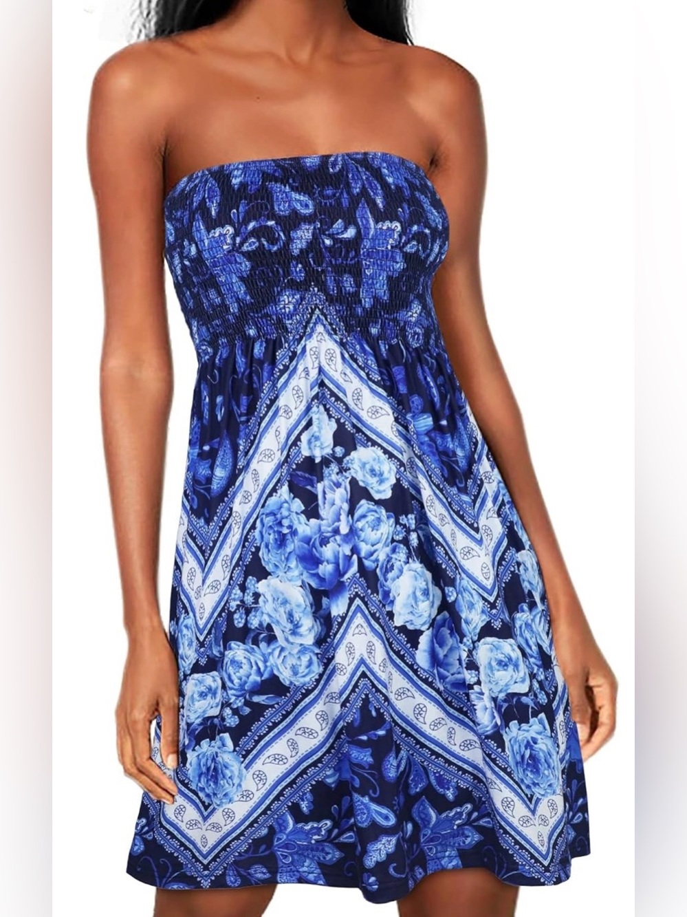 Blue Floral Strapless Smocked Convertible
Mini Dress or Midi Skirt. Medium.